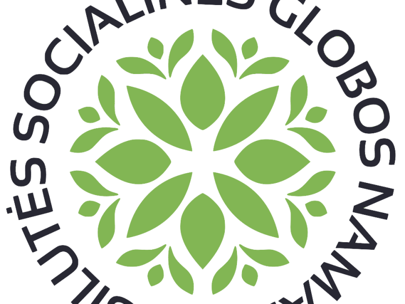 Circular logo with green leaf pattern in the center. Black text surrounds the design, reading 