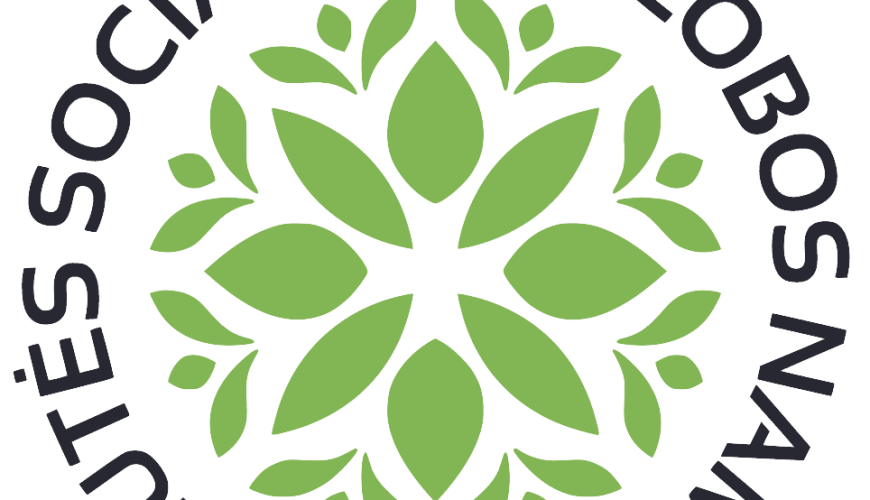 Circular logo with green leaf pattern in the center. Black text surrounds the design, reading "SILUETĖS SOCIALINĖS GLOBOS NAMAI.