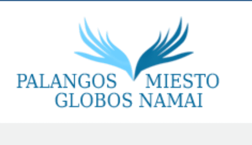 Logo with two stylized bird wings in light blue and dark blue at the top. Below the wings, text reads "PALANGOS MIESTO GLOBOS NAMAI." The background is white.