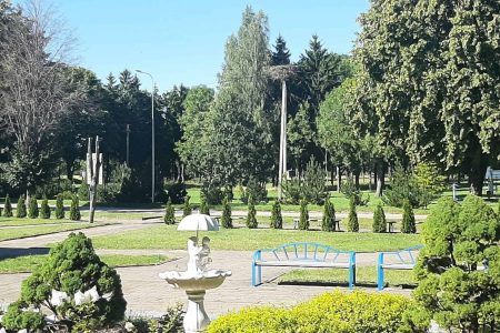 A sunny park scene with a white decorative fountain, a blue bench, manicured bushes, and tall green trees against a clear blue sky.