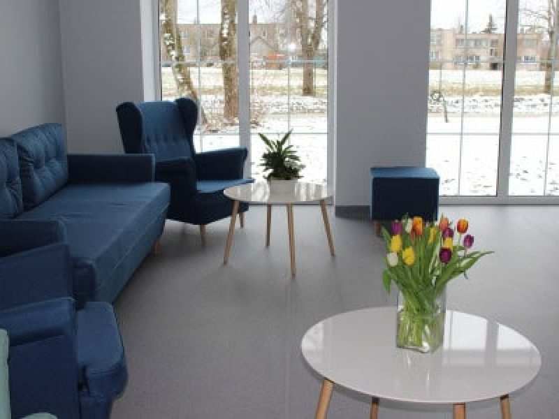 Modern living room with blue furniture, round white tables, a vase of colorful tulips, and large windows showing a snowy outdoor scene with trees and buildings.