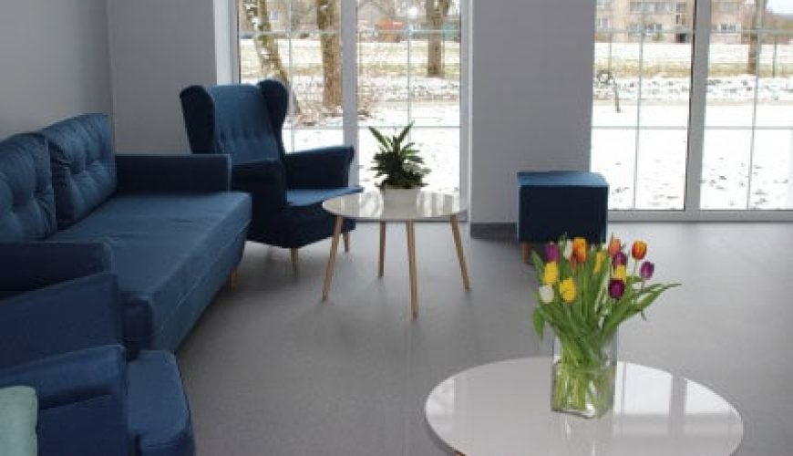 Modern living room with blue furniture, round white tables, a vase of colorful tulips, and large windows showing a snowy outdoor scene with trees and buildings.