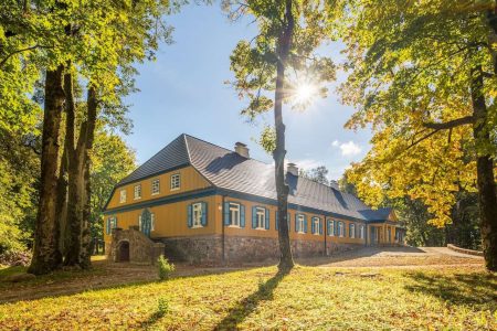 A traditional yellow wooden house with blue window shutters and a stone foundation, surrounded by trees and greenery, with sunlight casting shadows on the facade.