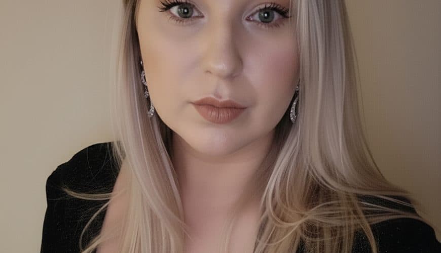 A woman with long, straight blonde hair and fair skin wears a black top and silver earrings. She looks directly at the camera with a neutral expression against a plain light background.